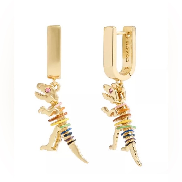 NWT COACH Gold Signature Dinosaur Rexy Skeleton With Colorful Gemstone Earrings - Picture 1 of 8